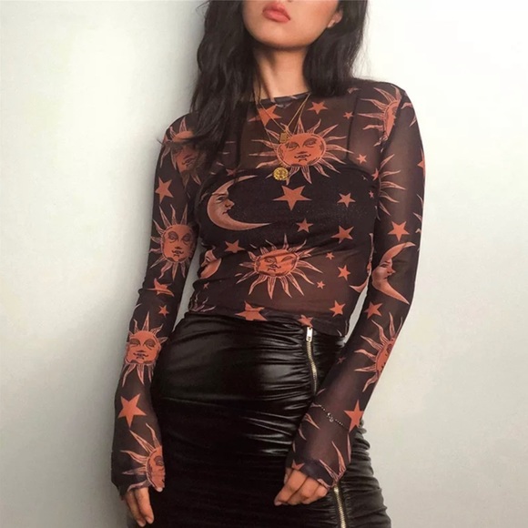 Sheer Black Top NEW Boho Sun Moon Stars Design - Picture 4 of 10
